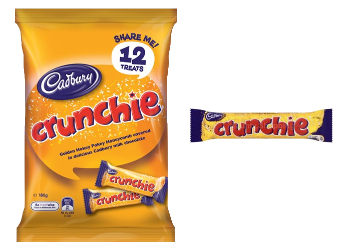 180gm bag of 12 individually wrapped Crunchie treat bars alongside a regular Crunchie bar (not to scale)